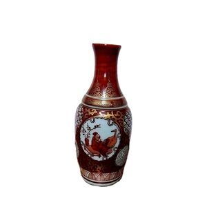 Vintage/Antique Tokkuri Kutani Saki Bottle Red Gold 3 Scenes Crane Floral House